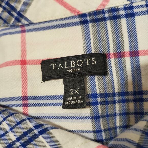 Talbots Classic Cotton Plaid Pearl Button Up Shirt Womens Plus 2X White Blue - Picture 7 of 9